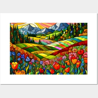 Stained Glass Colorful Mountain Meadow Posters and Art